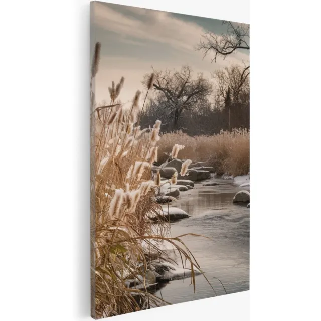 Saammp Canvas Schilderij - Bevroren Gras - Bloemen - Landschap - Natuur - 60x90 - Foto op canvas - Wanddecoratie - Muurdecoratie Woonkamer - Slaapkamer decoratie - Canvas Print Multicolor