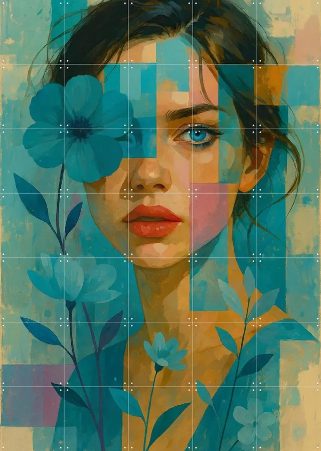 IXXI Please Dont Ask Me To Smile, Moonheart Artworks - 100 x 140 cm - Grote wanddecoratie en posters - Geometrische Kunst, Kleurrijk, Kwaststreken Blauw