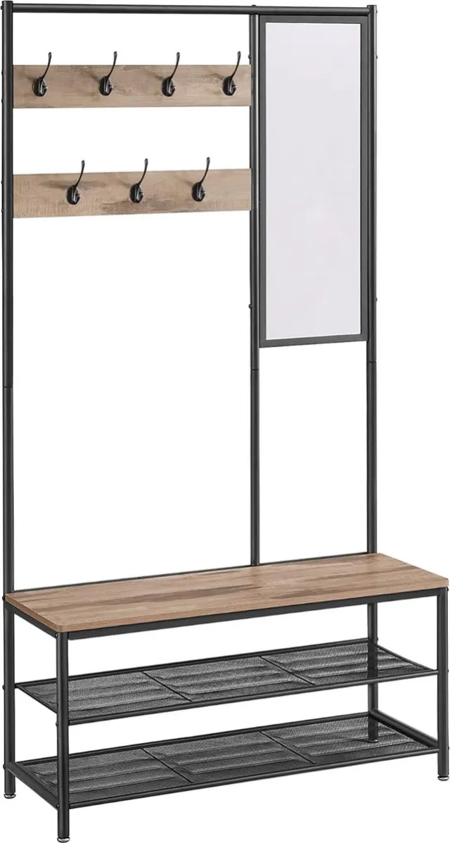 FurnStar Kapstok met schoenenopberger - Kapstok voor gang met spiegel - Haken - Bank en schoenenplanken - 35 x 98 x 180 cm - Hal - Slaapkamer entree - Industrieel - Kameelbruin en Inktzwart