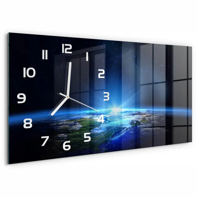 TULUP Wandklok - Planeet Aarde Klok Glas Met Opdruk - 60x30 cm - Blauw Moderne Wandklok Glas - Witte handen - Rechthoekige Klok - Decoratieve Glazen Klok - Glazen Wandklok Design