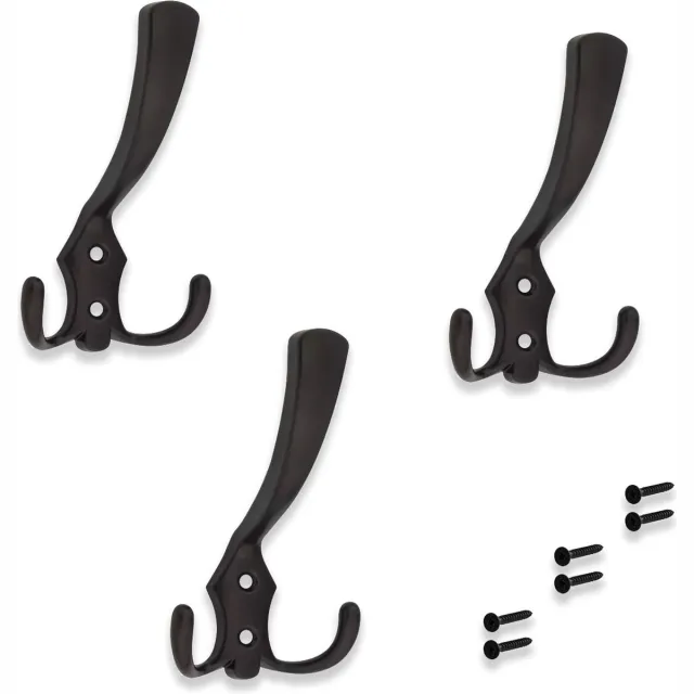 Deurklink24 Kapstokhaak SJAAK - met 3 haken - set à 3 stuks - mat zwart - wandkapstok - jashaak - kledinghaak - groot