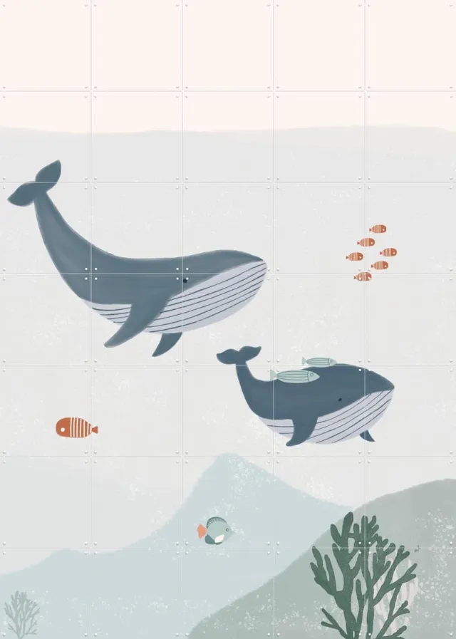 IXXI Two Whales, Menina Lisboa & Various - 100 x 140 cm - Grote wanddecoratie en posters - Speels, Illustraties, Grafisch Ontwerp, Fantasierijk Blauw