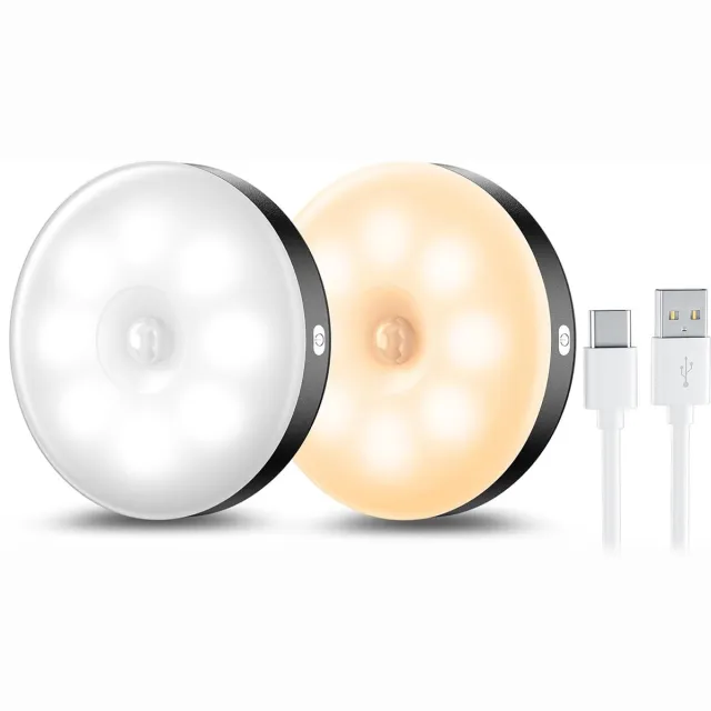 longziming 2-delige LED Nachtlamp met Bewegingssensor – USB Oplaadbaar – 3 Lichtkleuren – Automatisch Aan/Uit – Voor Trap, Slaapkamer, Keuken & Gang – Zwart Wit
