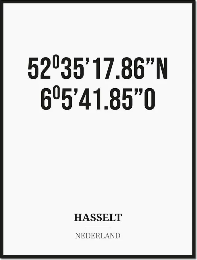 Studio216 Poster/kaart HASSELT met coördinaten zwart, wit