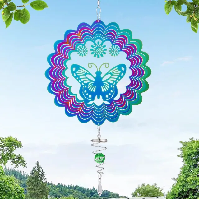OEMG Vlinder windspinner, kleurrijk metaal 15×42 cm, tuin hangdecoratie met draaihaak en kristalbal