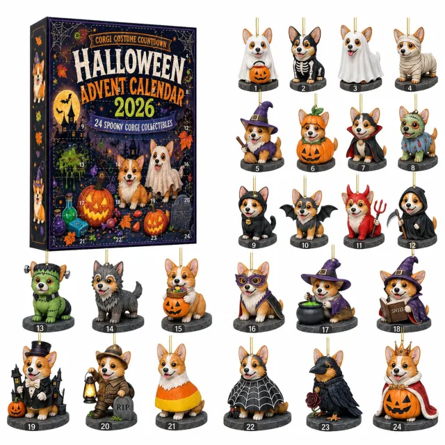 SWGOTA Halloween-aftelkalender met 24 platte corgi-hangdecoraties in verschillende kostuums, in kartonnen doos Zwart