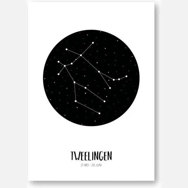 MOODZ design Sterrenbeeld poster Tweelingen | A3 formaat | zwart-wit | MOODZ design