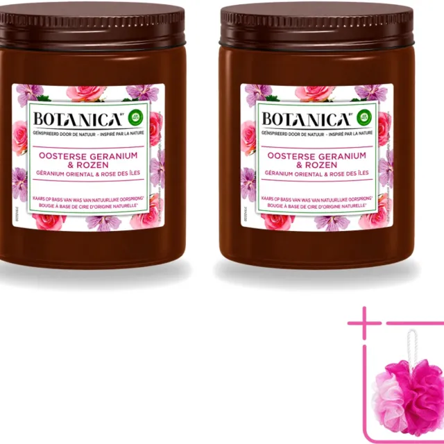 Air Wick 2 x Botanica by Air Wick - Geurkaars - Geranium & Rozen - 40 Uur Brandduur - Bulkverpakking - Geurkaars - Douchemop - Geranium en rozen Wit