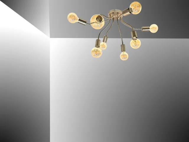 Trango 8-lichts plafondlamp 1013S-4ASD incl. 8x 3-traps dimbaar 4 Watt E27 2500K goudkleurige LED lamp RVS optiek *SPY* vintage kroonluchter, keukenlamp, plafondlamp, zwenkarmen Nikkel mat