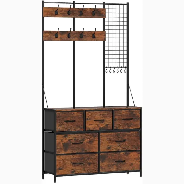 ZYLARO Kapstok - Kledingrek Met Stoffen Lade - 14 Haken - Voor Hal En Slaapkamer - Rustiek Bruin - 183 cm Hoog rustiek bruin+zwart