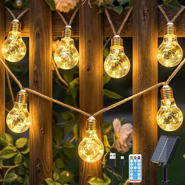 Namajunas Lichtsnoer buiten - Zonne-hennep touwstringlamp - Solar Tuinverlichting - Buitenverlichting - 8M - Sfeerverlichting - 16 onbreekbare LED-lampen - Met afstandsbediening - 8 standen & timer - Decoratief voor tuinprieel en pergola