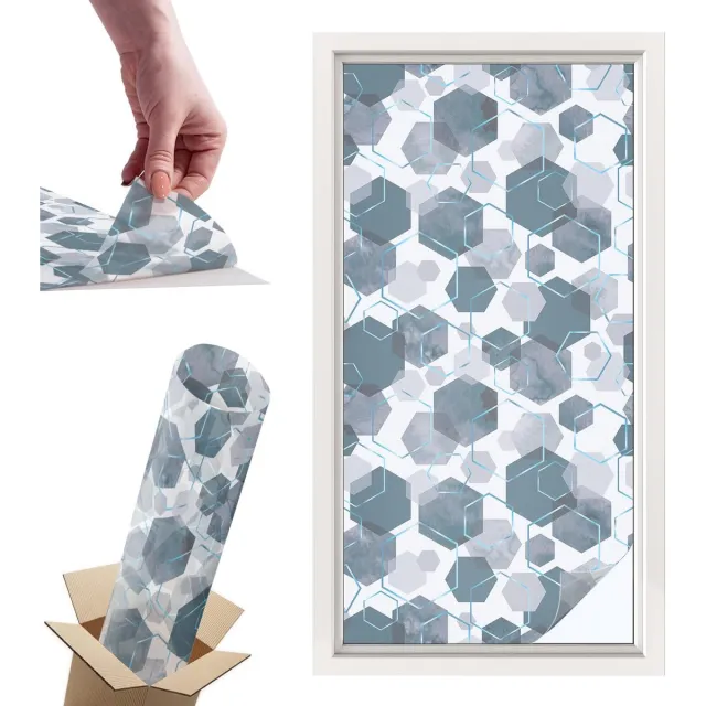 TULUP Raamfolie Anti inkijk - Geometrische zeshoeken Privacy Folie Raam - 50x100 cm - Marine Anti inkijk Folie - Raamfolie Tegen inkijk Glas in Lood - Voor op kantoor, voor de woonkamer, voor de hal - Raamfolie Zonwering Marine - Geometrische zeshoeken