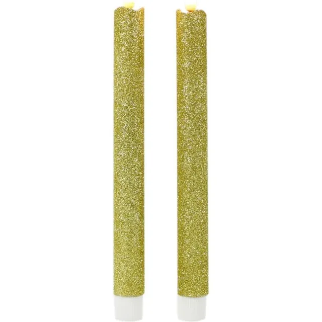 Magic Flame Dinerkaarsen - LED - 2x stuks - goud - 25 cm - met glitters - Woondecoratie - Elektrische kaarsen - warm wit