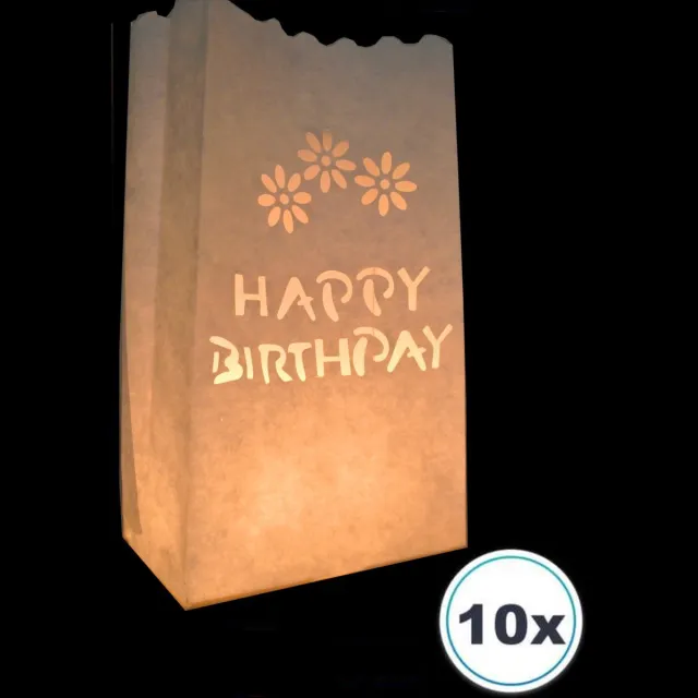 Volanterna 10 x Candle bag Happy Birthday, windlicht, papieren kaars houder, lichtzak, candlebag, candlebags, lampion, sfeerlicht, bedrukt, logo, foto. No83 wit