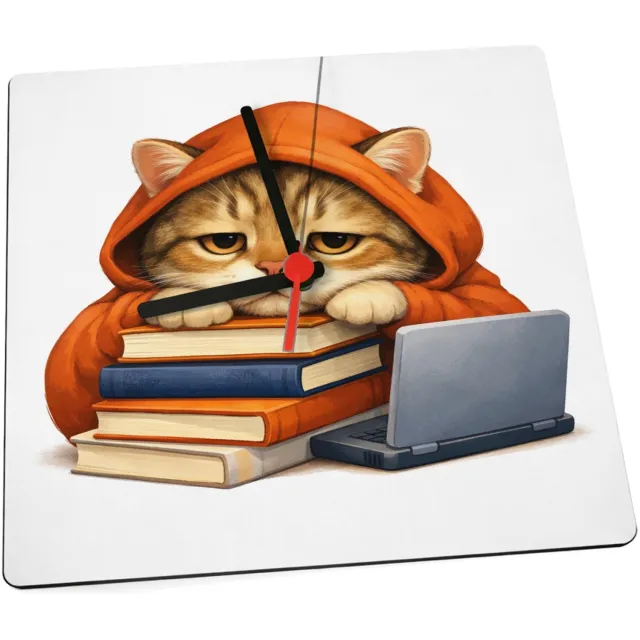 Mr Cadeautjes Klok 19 x 19 - design Een panda die achter een stapel boeken in een hoodie hangt m | cadeau Wit