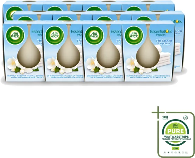 Air Wick 12 x Air Wick – Geurkaars – Fris Linnen met Essentiële Oliën – 105 g - Grootverpakking - Vaatwasstrips - Geurkaars - Fris Linnen - Essentiële Oliën - Sfeer In Huis - Warme Sfeer Wit