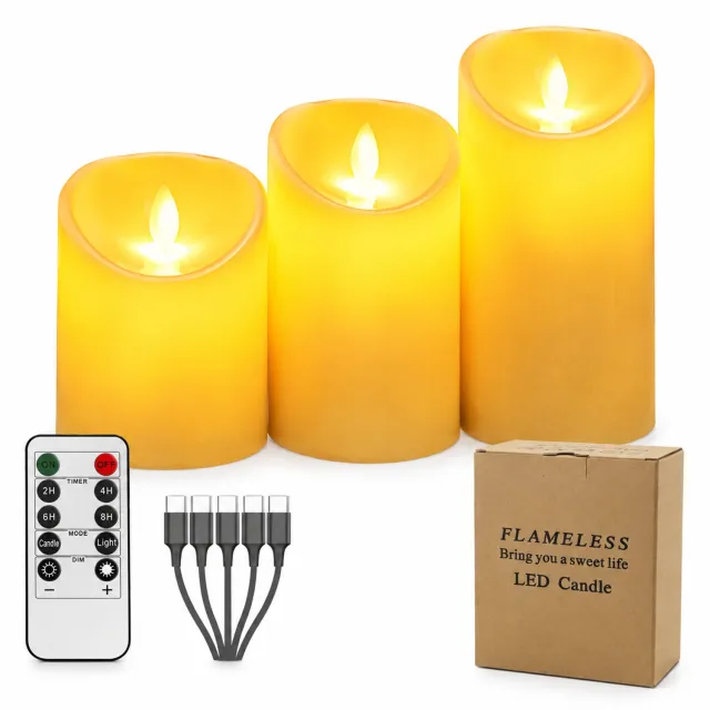 SWGOTA led kaarsen, set van 3, oplaadbaar met afstandsbediening en laadkabel, diameter 7,5 cm, hoogtes 10/12,5/15 cm, warmgeel licht Ivoorwit
