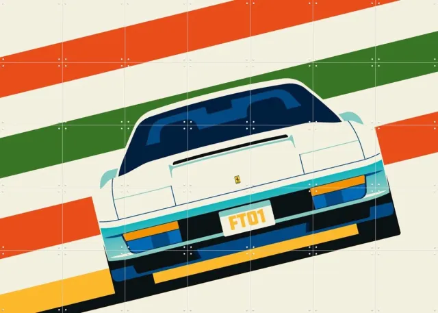 IXXI Angeled White Sports Car Front with Stripes, Bo Lundberg - 140 x 100 cm - Grote wanddecoratie en posters - Vintage, Geometrische Kunst, Pop art
