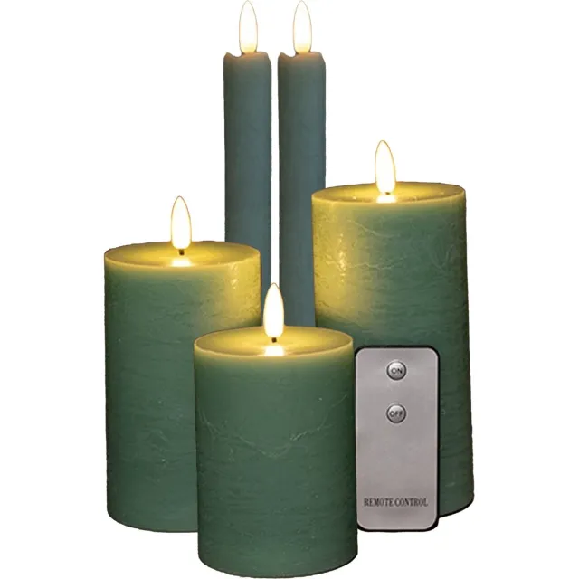Anna's Collection LED Stomp/dinerkaarsen set - 5-delig - jade groen - 10/12/15/23 cm - incl. afstandsbediening Olijf groen