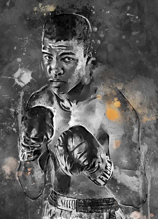 Wallofprints Muhammad Ali poster op A0 semi- glossy papier - 84x118.8 cm - Box poster - Unieke poster van Muhammad Ali met donkergrijze achtergrondkleur