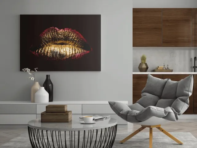 Trendex Global Canvas Schilderij - Vrouwelijk - Gouden - Lippen - Zwart - Goud - 60x40x2 cm
