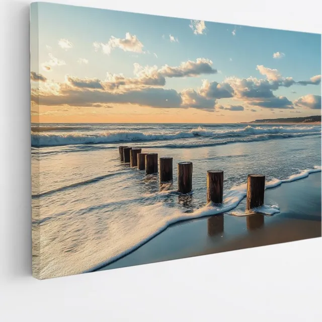 Saammp Canvas Schilderij - Strand en zee - Hout - Natuur - Landschap - 120x80 - Foto op canvas - Wanddecoratie - Muurdecoratie Woonkamer - Slaapkamer decoratie - Canvas Print Multicolor