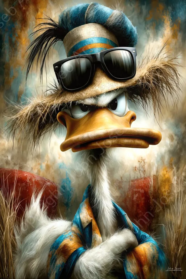 John Joseb Art (Aluminium) 40x60 | Grappige boze eend met hoed en zonnebril, humor, portret, kunst, dier, vogel, rood, bruin, wit, blauw, modern | foto-schilderij op dibond, metaal wanddecoratie Aluminium, dikte 3 mm