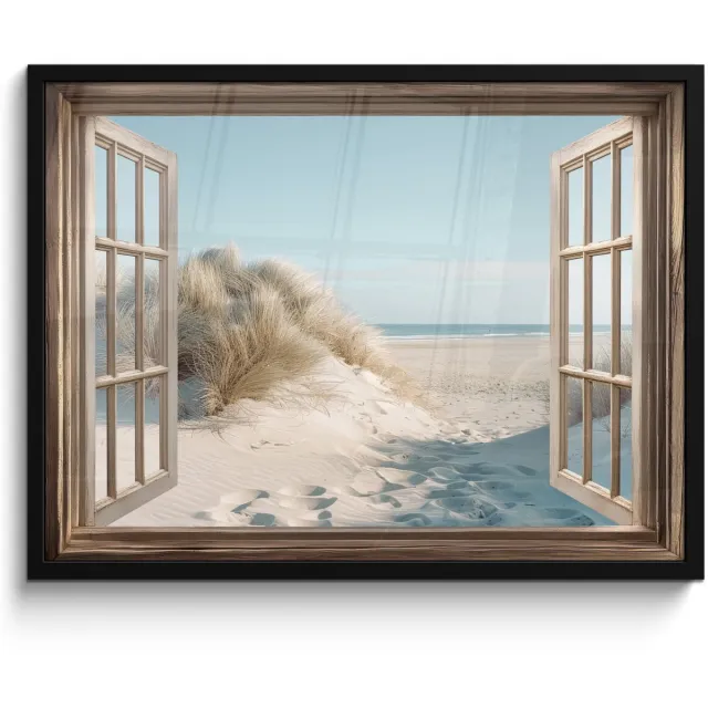 FrameYourWall Poster in lijst - Fotolijst 70x50 cm - Posters - Doorkijk - Helmgras - Duinen - Zee - Landschap - Posterlijst zwart - Decoratie - Wanddecoratie woonkamer - Muurdecoratie slaapkamer Strand - Duin