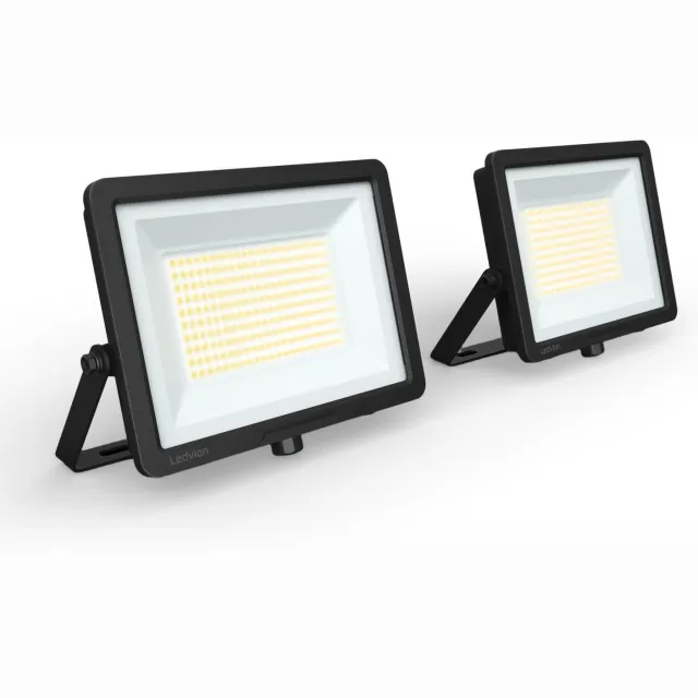 LEDVION 2x Performance LED-schijnwerper buiten, IP66, 100W, 135lm/w, natuurlijk wit, 4000K, superhelder, breedstraler, buitenlamp Zwart