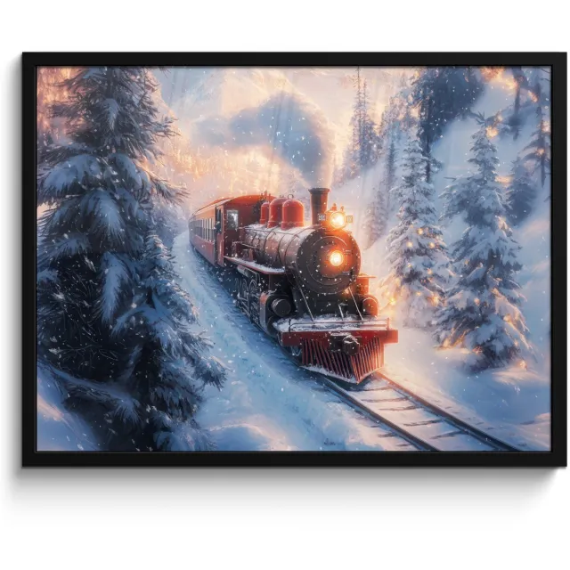 FrameYourWall Poster in lijst - Fotolijst 70x50 cm - Posters - Kersttrein - Sneeuw - Winter - Kerst - Posterlijst zwart - Decoratie - Wanddecoratie woonkamer - Kerstdecoratie voor binnen - Kerstversiering - Kerstmis versiering in huis - Kerstaccessoires Stoomtrein - Winter