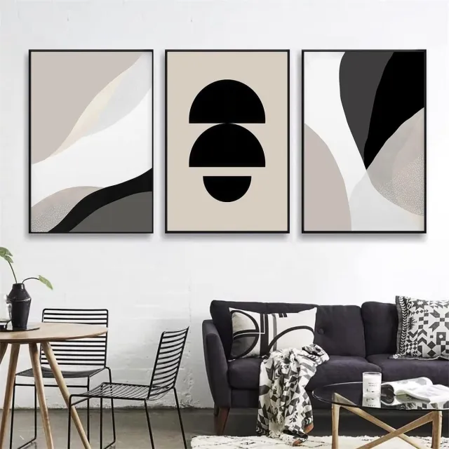 My Ninki ® Drie-Delige Luxe Posterset, Abstracte Boho Kunst, Zwart Beige Wanddecoratie Zonder Lijst