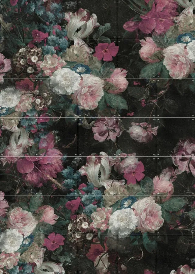 IXXI Moody Baroque Florals, Bloomery Decor - 100 x 140 cm - Grote wanddecoratie en posters - Klassiek, Vintage, Woonkamer, Eetkamer, Slaapkamer Donkere tinten / Roze
