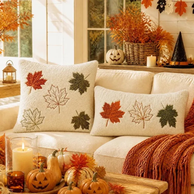 SNQ Herfst en Halloween Kussenhoezen - Set van 2 - 45x45 cm en 30x50 cm - Zonder Binnenkussen - Zachte Pluche - Boerderijstijl - Kleurrijk - Voor Bank, Sofa en Bed