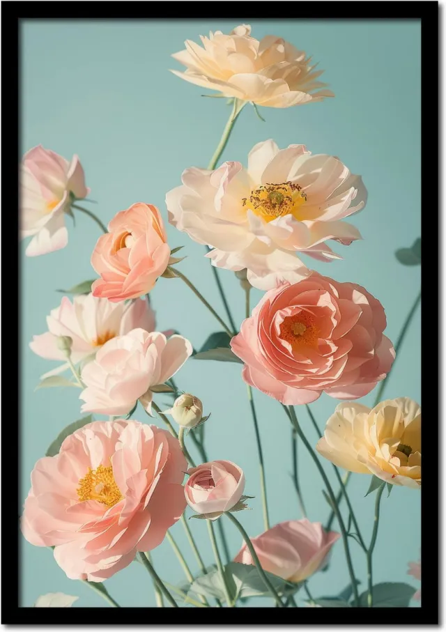 Plakkers Poster ranonkel bloemen met mint achtergrond - 70cm x 100cm - vintage - woonkamer - slaapkamer - bloemen posters - goedkoop - muurposter - natuur - wanddecoratie Full-colour
