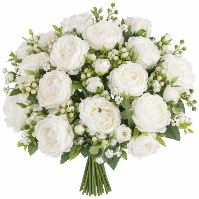 ROSIFY Kunstbloemen Kunst Pioenrozen Wit – 16 Stelen – Groot Kunstboeket – 30 cm – Witte Kunstbloemen voor Vaas Wit 16