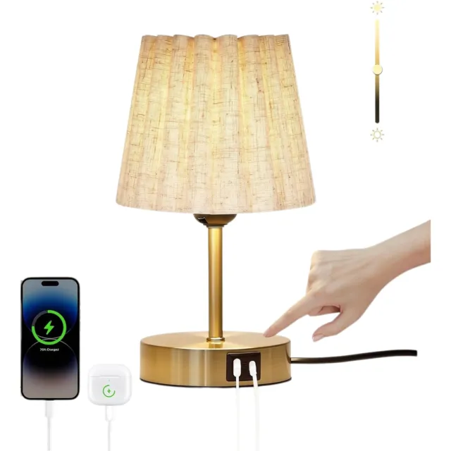 VELZINO® Nachtkast Lampje - Nachtlampje Slaapkamer - Bedlamp - Touch Bediening - Dimbaar - USB-Poorten Goud / beige