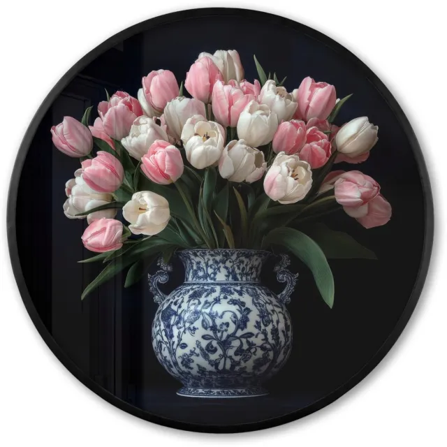 FrameYourWall Poster in lijst Rond - Fotolijst 60x60 cm - Posters - Bloemen - Roze - Tulpen - Vaas - Ronde posterlijst zwart - Decoratie - Wanddecoratie woonkamer - Muurdecoratie slaapkamer Tulpen - Roze