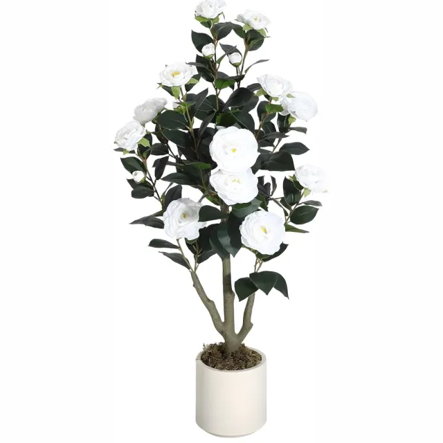 Happiq Kunstmatige Camellia Boom - Voor Binnen & Buiten - Realistische Zijden Bloemen met Groene Bladeren - 90 cm - Wit-90cm White