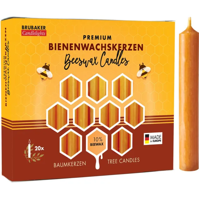 Brubaker 20 Stuks Boomkaarsen - 10% Bijenwas - Kerstkaarsen - Piramidekaarsen - Kerstboomkaarsen - Kaarsen - Kaarsjes - 95/12.5 mmHoninggeel 20 stuks 10% Bijenwas