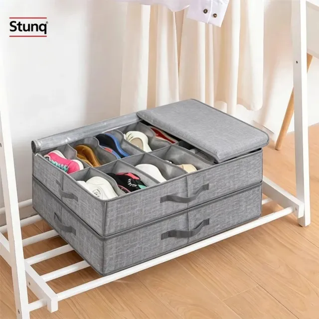 Stunq Opbergbox onder bed voor 12 paar schoenen – stofdicht, opvouwbaar, transparant deksel, grijs