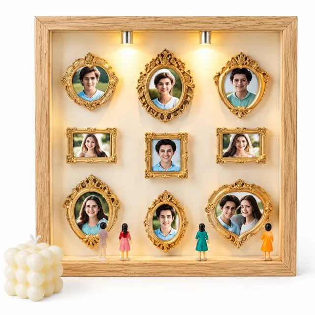SWGOTA Witte MDF-displaylijst met 2 lampen, binnenmaat 15 x 20 cm, voor foto's en kleine decoraties op tafel