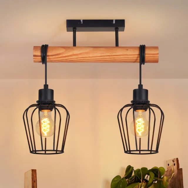 NETTLIFE Vintage Plafondlamp – Hout & Metaal – Zwart – 2-lichts Industrieel – Voor Gang Keuken Woonkamer Eetkamer – Zonder Lamp