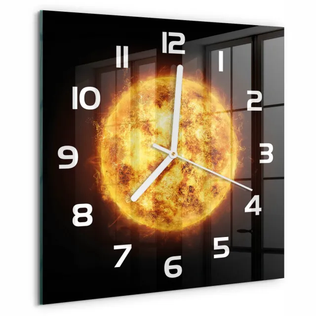 TULUP Wandklok - Zonnig Wandklok Glas Decoratie - 30x30 cm - Oranje Gekleurde Glazen Klok - Witte handen - Vierkante Klok - Klok Glas Met Opdruk - Moderne Wandklok Glas