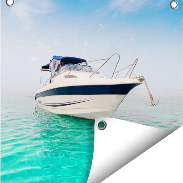 Gards Tuinposter Motorboot aan het Strand met Blauw Water - 40x40 cm - Tuindoek - Tuindecoratie - Wanddecoratie buiten - Tuinschilderij Multikleur
