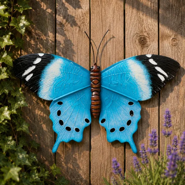 Anna's Collection Schutting decoratie vlinders 48 cm blauw/zwart metaal - Metalen schutting decoratie vlinders - Dierenbeelden tuindecoratie Multi