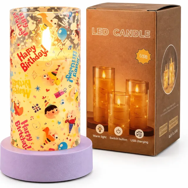 SWGOTA Feestdecoratie met led kaarsen - elektronische kaars van 7,5 x 15 cm, warm licht en verjaardagsprint, zonder batterijen Wit