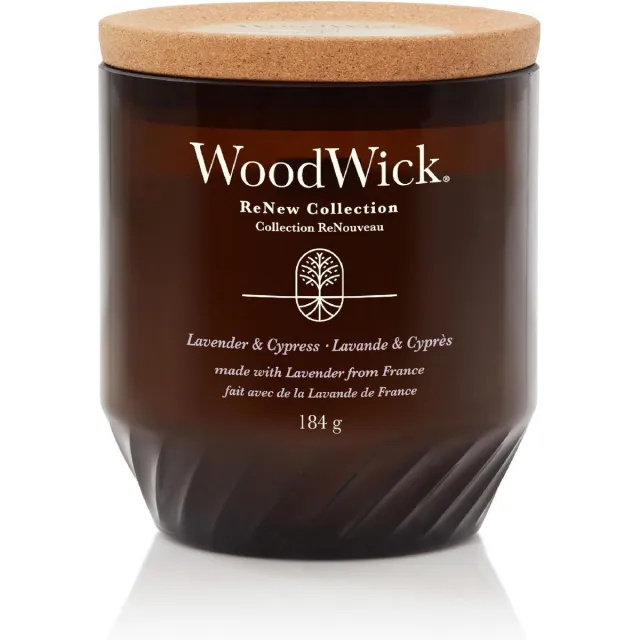 Woodwick ReNew Medium Geurkaars - Lavender & Cypress - 55 branduren Bruin