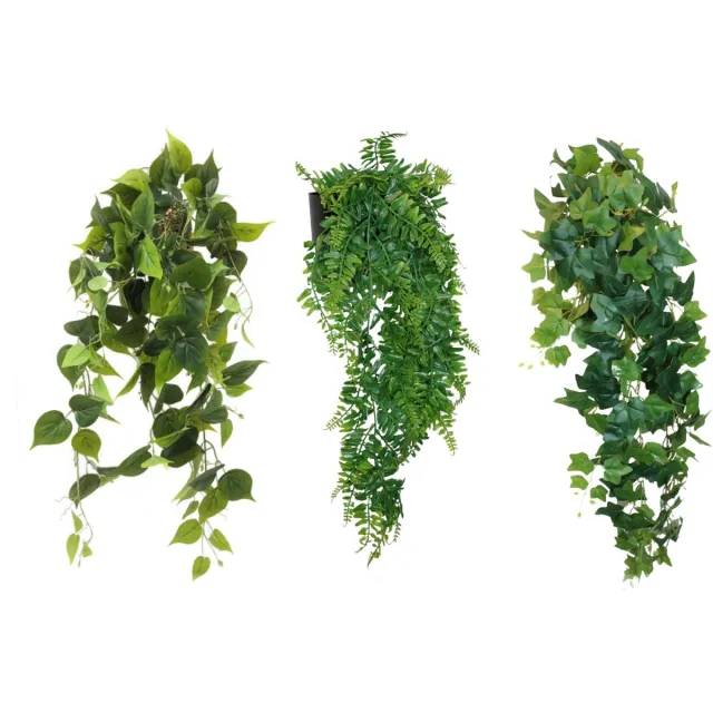 PrettyPlants Kunstplantenpakket Lekker Laten Hangen Large - Kunst hangplantenpakket | Kunstplanten voor Binnen | Varen kunst hangplant 65cm, Hedera kunst hangplant 110cm, Philodendron kunst hangplant 90cm Groen