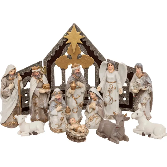 Feeric lights & Christmas Complete kerststal - met 11 beelden - 19 x 13 x 25 cm - MDF/polyresin - decoratie Bruin