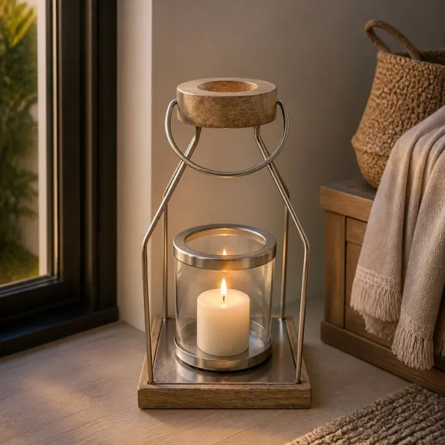 Hoppa! Windlicht - Met Houten Accenten - Naturel/Nikkel - 20 x 20 x 34 (B x D x H)